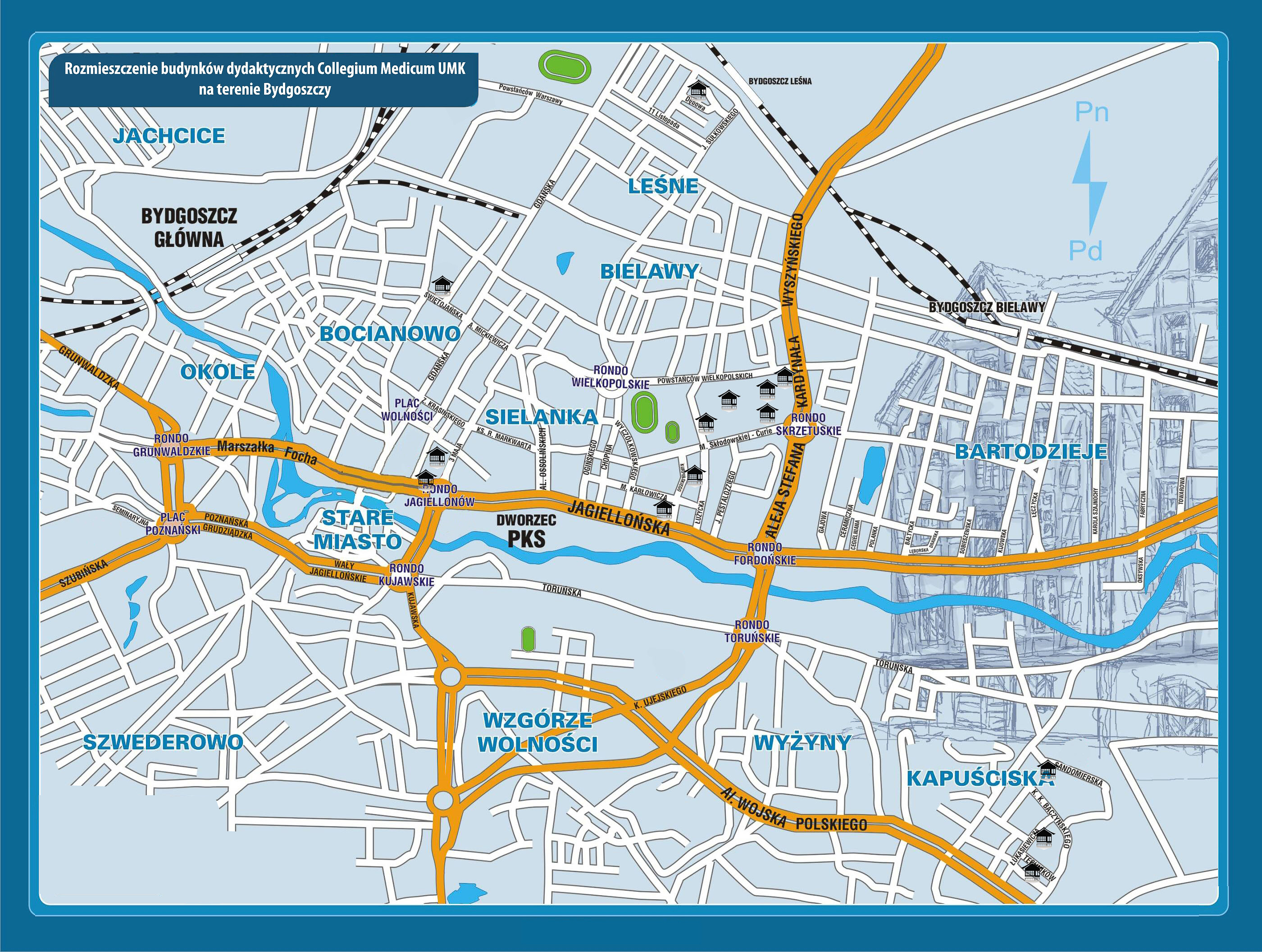 Rozmieszczenie budynk�w dydaktycznych Collegium Medicum UMK na terenie Bydgoszczy